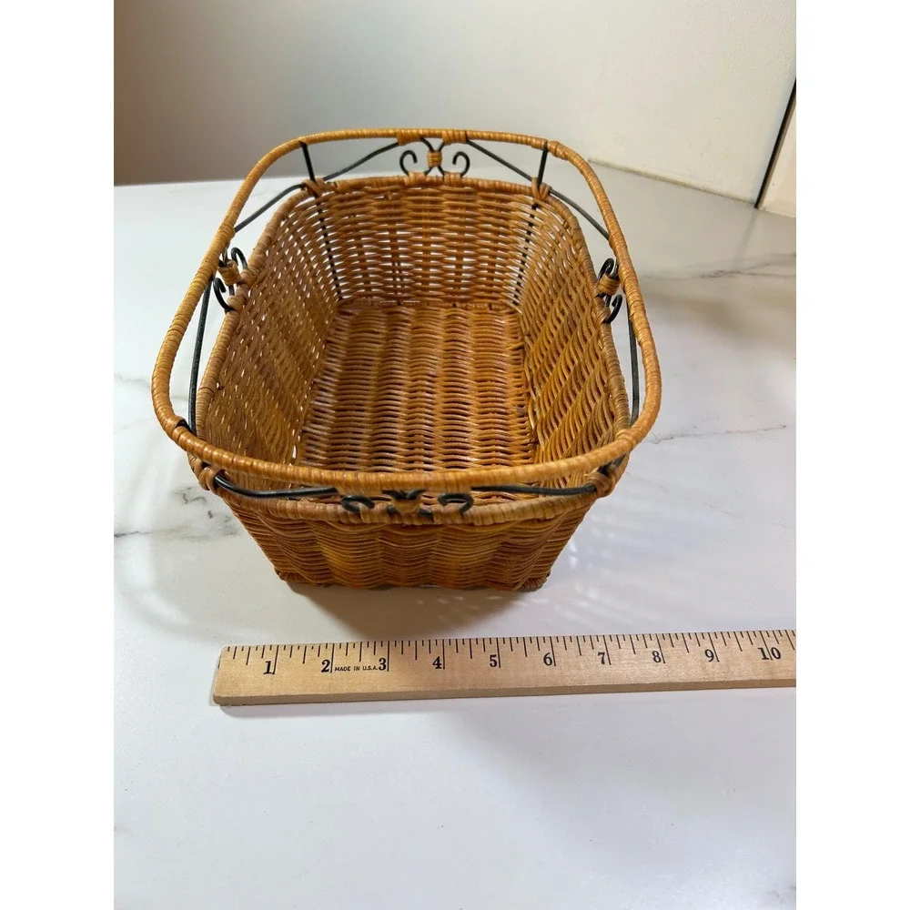 Woven Wicker Basket Black Metal Frame Scrollwork Rectangular Storage Bin Brown